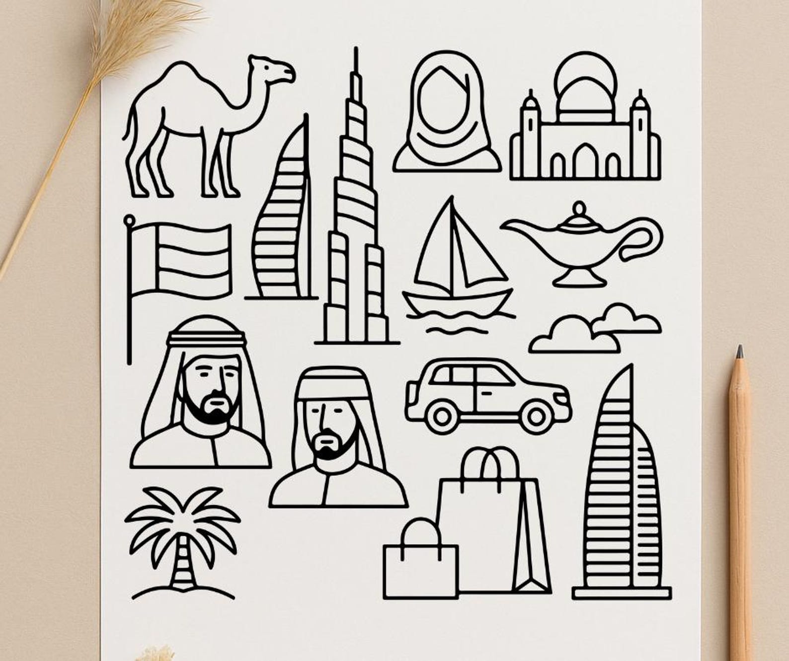 UAE Svg Bundle | United Arab Emirates Doodles | Dubai Icons Line Art ...
