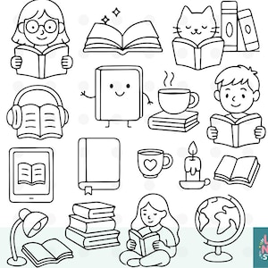 Bücher Doodles SVG Bundle | 16 Schwarz-Weiß-Buchliebhaber Illustrationen | Bücher lesen Illustrationen | PNG Pdf Schnittdateien, Bücher svg