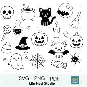 Leuke Halloween-clipartbundel SVG PNG PDF – Kawaii lijntekeningen Halloween-pictogrammen voor Cricut, kleurplaten, stickers, sublimatie