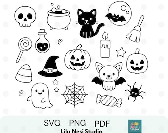 May include: Black and white Halloween-themed illustrations. Includes a skull, cauldron, black cat, moon with bat, witch's broom, lollipop, potion bottle, witch's hat, jack-o'-lanterns, ghost, spider web, bat, candy, and spider. Text: SVG PNG PDF. Lilu Nesi Studio.