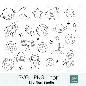 Puede incluir: Ilustraciones en blanco y negro de objetos con temática espacial, incluyendo planetas, cohetes, estrellas, un telescopio y un astronauta. La imagen también incluye el texto "SVG PNG PDF" y "Lilu Nesi Studio".