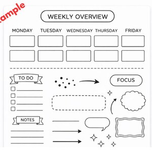 May include: A white weekly planner with black outlines. The planner includes sections for each day of the week, a to-do list, notes, and a focus area. Decorative elements include arrows, speech bubbles, and starbursts. The word "Example" is in the top left corner.