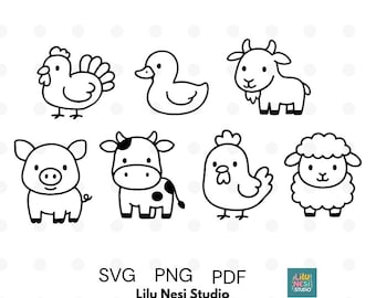 Bauernhof Tier Clipart-Set - 7 Bauernhof Tiere SVG PNG PDF | Niedliche Bauernhof Tiere für Kinderzimmer Kunst, Babyparty, Scrapbooking, Sublimation