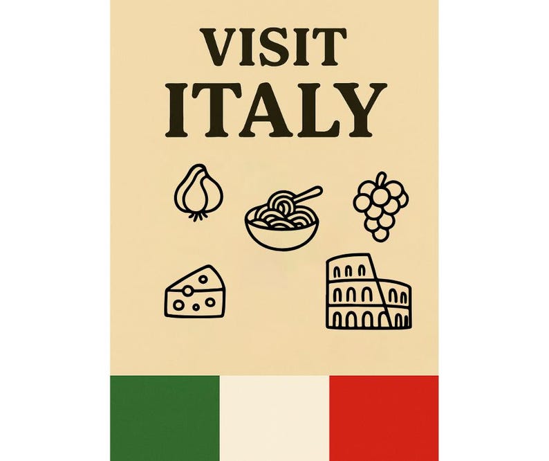 Puede incluir: Un cartel beige con las palabras "VISITA ITALIA" en letras negras en negrita. Debajo del texto hay dibujos lineales negros de una cebolla, pasta, uvas, queso y el Coliseo. La bandera italiana est&aacute; en la parte inferior.