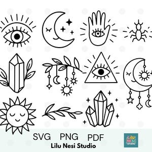 May include: A collection of black and white line drawings featuring celestial and mystical symbols. The designs include an eye, crescent moons, a hand with an eye, a crystal, a sun, and other decorative elements. The text "SVG PNG PDF" and "Lilu Nesi Studio" are also present.