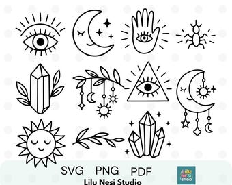 Mystic Celestial Clipart Bundle – 11 Boho Moon, Star, Sun & Magic Elements | SVG PNG pdf Line Art for Cricut, Stickers and  Witchy Decor