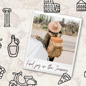 Puede incluir: Imagen de estilo fotogr&aacute;fico con ilustraciones tem&aacute;ticas de viajes. Una persona con sombrero y mochila est&aacute; de pie cerca de un coche. La imagen incluye iconos de pasta, una botella, uvas, un scooter, pizza y un mapa. El texto dice "Find joy in the Journey."