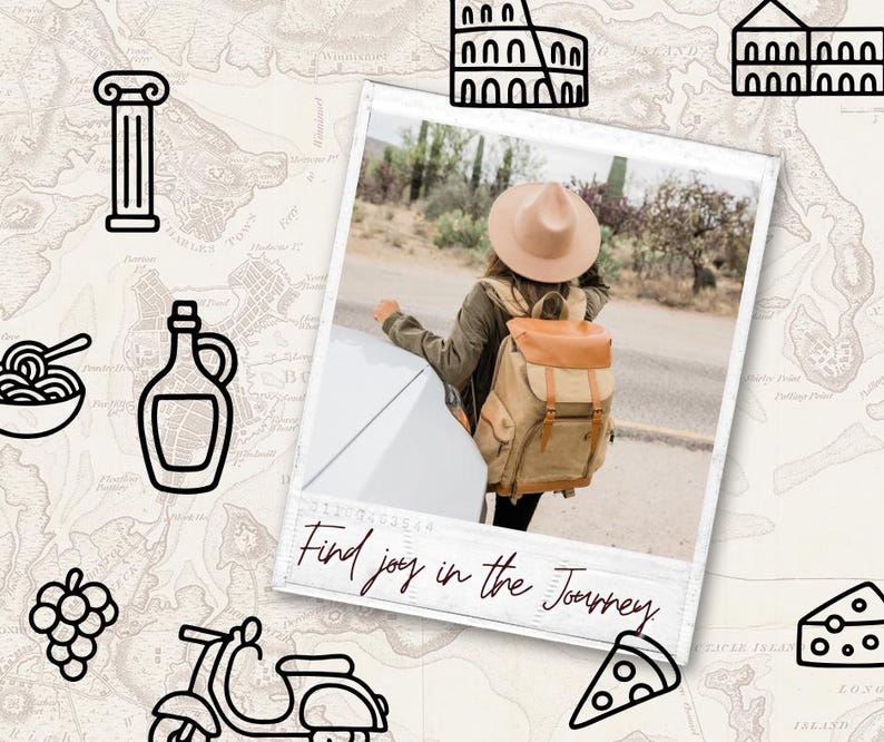 Puede incluir: Imagen de estilo fotogr&aacute;fico con ilustraciones tem&aacute;ticas de viajes. Una persona con sombrero y mochila est&aacute; de pie cerca de un coche. La imagen incluye iconos de pasta, una botella, uvas, un scooter, pizza y un mapa. El texto dice "Find joy in the Journey."