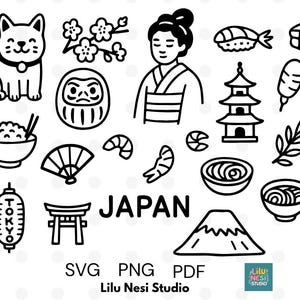 Puede incluir: Ilustraciones en blanco y negro de elementos culturales japoneses, incluyendo un gato, flores de cerezo, una mujer en kimono, sushi, una pagoda y el Monte Fuji. La palabra "JAPAN" se muestra de forma destacada. La imagen también incluye el texto "SVG PNG PDF" y el nombre del estudio.