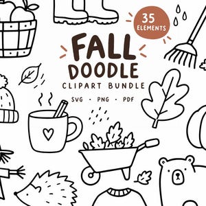 May include: A digital collection of black and white line art illustrations featuring fall-themed icons including a basket of apples, a rake, a pumpkin, a mug with a heart, a wheelbarrow, a scarecrow, a bear, a beanie, and leaves with text.