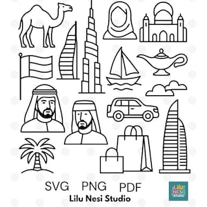 May include: Black and white line art illustrations of various United Arab Emirates icons, including a camel, buildings, a sailboat, a car, and people in traditional attire. The image also includes the text "SVG PNG PDF" and "Lilu Nesi Studio".