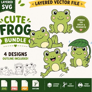 Könnte beinhalten: Ein digitales Grafikpaket mit vier niedlichen Froschdesigns in verschiedenen Posen, darunter einer unter einem Blätterregenschirm. Das Bild enthält den Text "Cute Frog Bundle" und "Layered Vector File". Die Designs sind für Cricut und Silhouette geeignet.