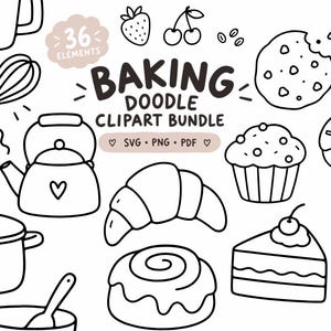 Puede incluir: Un conjunto de ilustraciones digitales en blanco y negro con garabatos de repostería, incluyendo un batidor, tetera, olla, fresa, cerezas, galleta, muffin, donut, croissant, rollo de canela y trozo de pastel con el texto Baking Doodle Clipart Bundle.
