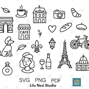 Op de afbeelding: Zwart-wit lijntekeningen van Parijse iconen, waaronder de Eiffeltoren, een croissant, een baret, een fiets en een café. De afbeelding bevat ook de tekst "SVG PNG PDF" en "Lilu Nesi Studio".