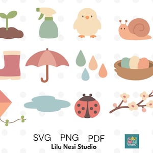 May include: A collection of spring-themed illustrations, including a sprouting plant, a spray bottle, a chick, a snail, a rain boot, an umbrella, raindrops, a nest with eggs, a kite, a puddle, a ladybug, and a flowering branch.