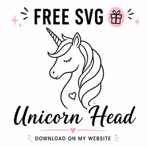K&ouml;nnte beinhalten: Schwarz-wei&szlig;e Strichzeichnung eines Einhornkopfes mit Herz und flie&szlig;ender M&auml;hne. Die Texte "FREE SVG" und "Unicorn Head" sind &uuml;ber und unter dem Bild zu sehen. Der Satz "DOWNLOAD ON MY WEBSITE" ist ebenfalls enthalten.