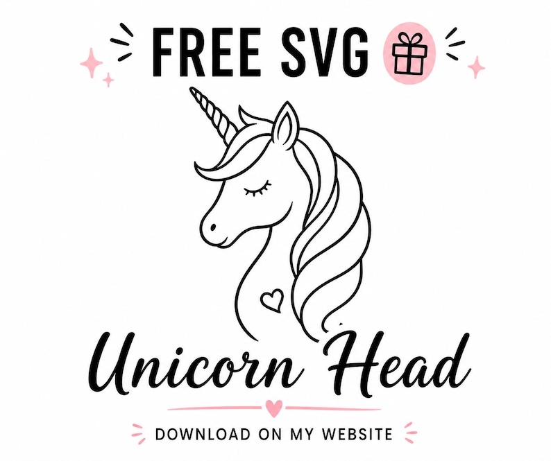 K&ouml;nnte beinhalten: Schwarz-wei&szlig;e Strichzeichnung eines Einhornkopfes mit Herz und flie&szlig;ender M&auml;hne. Die Texte "FREE SVG" und "Unicorn Head" sind &uuml;ber und unter dem Bild zu sehen. Der Satz "DOWNLOAD ON MY WEBSITE" ist ebenfalls enthalten.
