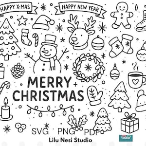 Puede incluir: Ilustración en blanco y negro con temática navideña, con elementos festivos como un muñeco de nieve, un árbol de Navidad y adornos. Incluye las frases "Happy X-Mas", "Happy New Year" y "Merry Christmas". También contiene el texto "SVG PNG PDF" y "Lilu Nesi Studio".