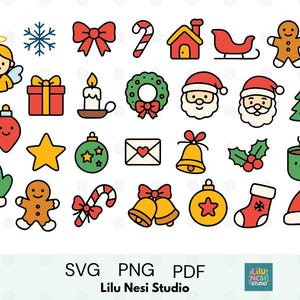 May include: A set of colourful Christmas illustrations. The image features festive icons including an angel, snowflake, bow, candy cane, house, sleigh, gingerbread man, gift, candle, wreath, Santa, Christmas tree, ornament, mitten, star, bell, and stocking.