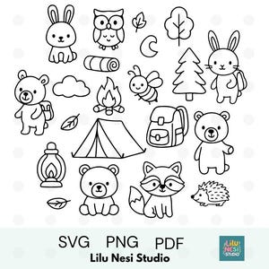 Könnte beinhalten: Schwarz-Weiß-Illustrationen zum Thema Camping, darunter ein Zelt, ein Lagerfeuer, Tiere und Bäume. Das Bild enthält den Text "SVG PNG PDF" und "Lilu Nesi Studio".
