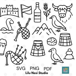 May include: A collection of black and white line drawings depicting Scottish symbols. The image includes a castle, flag, whisky bottle, thistle, Highland cow, bird, mountains, kilt, and bagpipes. Text includes "SVG PNG PDF" and "Lilu Nesi Studio".
