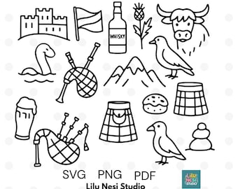 Set di clipart scozzesi / Scarabocchi scozzesi PNG / Mucca delle Highlands, cornamuse, whisky, kilt, cardo / Elementi della pagina da colorare con disegni al tratto