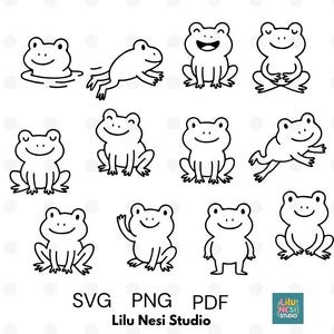 Puede incluir: Ilustraciones de ranas en blanco y negro en varias poses, nadando, saltando y sentadas. La imagen incluye el texto "SVG PNG PDF" y "Lilu Nesi Studio". Las ranas tienen caras sonrientes.
