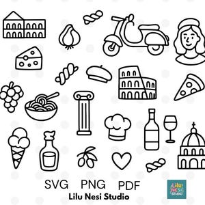 Puede incluir: Ilustraciones en blanco y negro de iconos italianos, incluyendo una vespa, el Coliseo, pizza, pasta, una botella de vino y una mujer con boina. La imagen tambi&eacute;n incluye el texto "SVG PNG PDF" y "Lilu Nesi Studio".