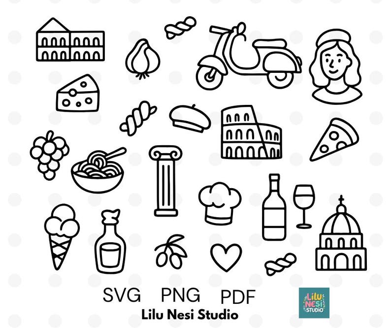 Puede incluir: Ilustraciones en blanco y negro de iconos italianos, incluyendo una vespa, el Coliseo, pizza, pasta, una botella de vino y una mujer con boina. La imagen tambi&eacute;n incluye el texto "SVG PNG PDF" y "Lilu Nesi Studio".