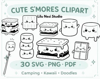 Pacchetto di clipart SVG di simpatici S'mores, clipart di campeggio in stile doodle, set di marshmallow e cioccolato kawaii, file di taglio per Cricut, grafica per campeggio estivo