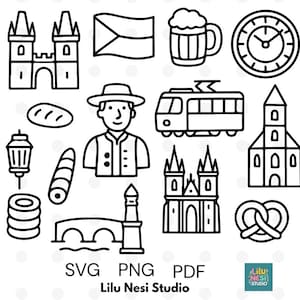 Czech Republic Clipart | Prague Doodles PNG | Charles Bridge, Astronomical Clock, Tram, Czech Beer, Trdelník | Line Art Coloring Set
