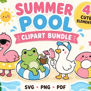 May include: A colorful clipart bundle with a summer pool theme. The image features a pink flamingo, a green frog, a white duck, and a pink and yellow inflatable ring. The text reads "Summer Pool Clipart Bundle" and "4 Cute Elements!"