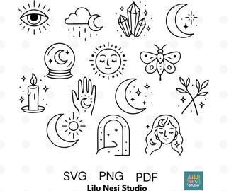 Mystic Celestial Clipart Bundle – 11 Boho Moon, Star, Sun & Magic Elements | SVG PNG pdf Line Art for Cricut, Stickers and  Witchy Decor