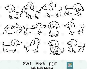 12 imágenes prediseñadas de perros salchicha estilo doodle / Ilustraciones de perros salchicha en blanco y negro PNG SVG / Lindos dibujos lineales de cachorros para pegatinas, camisetas y manualidades
