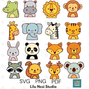 May include: A collection of 16 cartoon animal illustrations, including a green alligator, a gray hippo, a yellow lion, and a brown monkey. Other animals include a giraffe, elephant, zebra, tiger, rabbit, panda, fox, bear, raccoon, squirrel, deer, and koala.