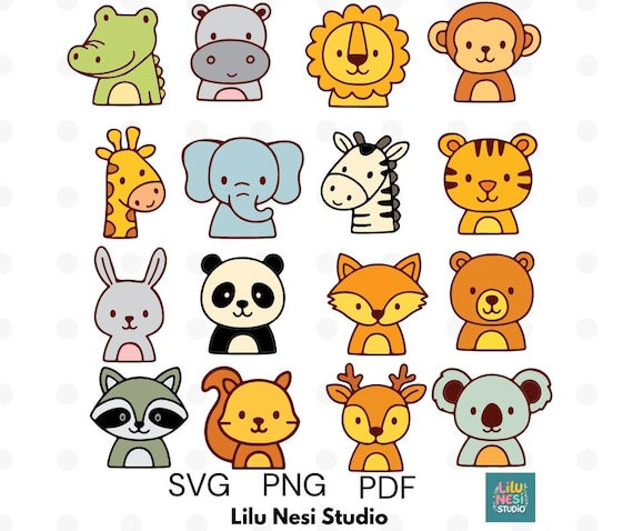 Vector Drawing Animal Clipart Bundle - Cute Cartoon Animals, SVG PNG, Baby Nursery Animals, Kids Birthday, Craft and Sublimation Designs