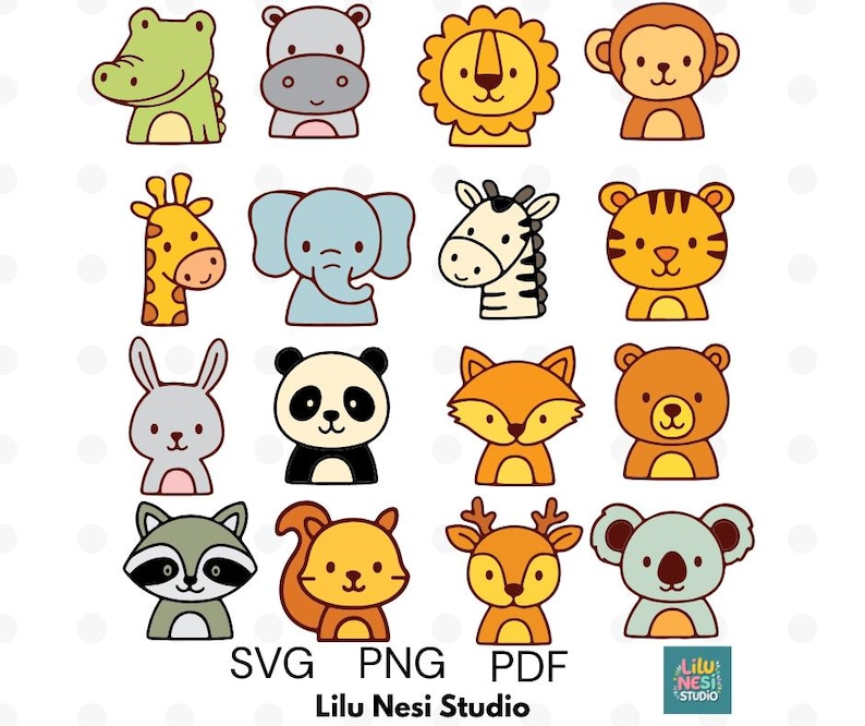 May include: A collection of 16 cartoon animal illustrations, including a green alligator, a gray hippo, a yellow lion, and a brown monkey. Other animals include a giraffe, elephant, zebra, tiger, rabbit, panda, fox, bear, raccoon, squirrel, deer, and koala.