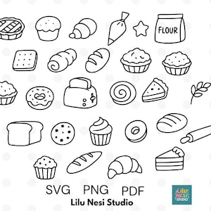 May include: Black and white line art illustration of various baked goods and baking tools. Includes a pie, muffins, croissants, bread, a rolling pin, and a bag of flour. The image also includes the text "SVG PNG PDF" and "Lilu Nesi Studio".