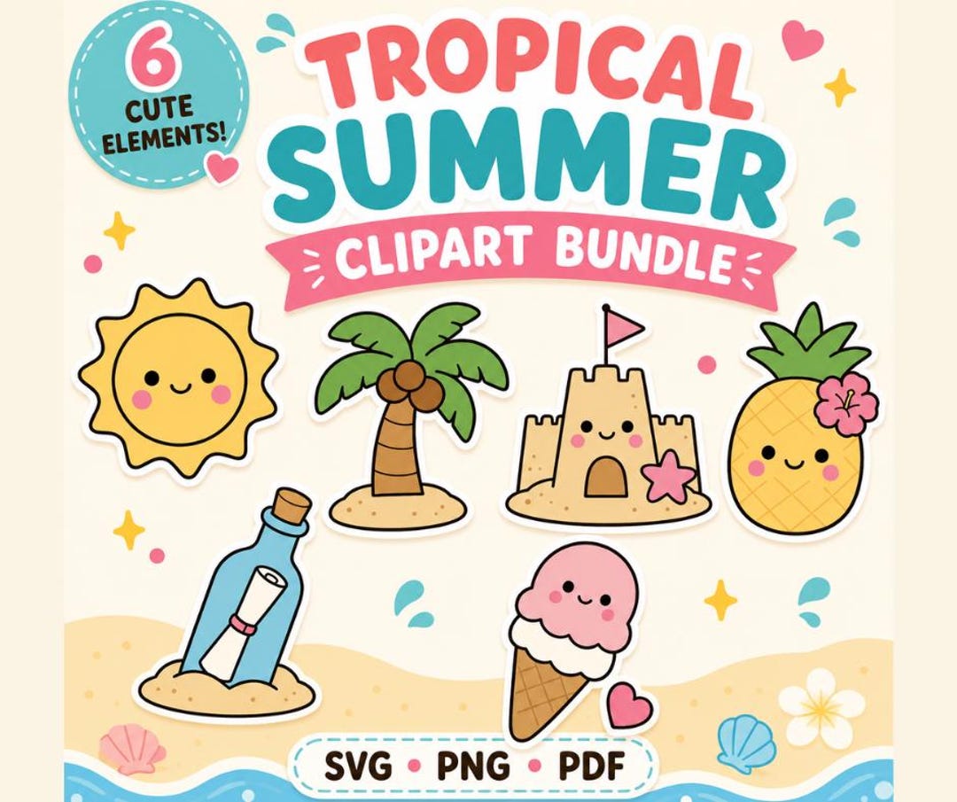 Tropical Summer Clipart Bundle SVG PNG PDF, Cute Beach Vacation Clipart ...