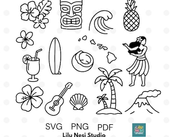 Hawaii Clipart Set | Tropical Doodles | Hula Girl, Surfboard, Tiki Mask, Palm Tree, Pineapple, Hibiscus | Black & White PNG SVG Stickers