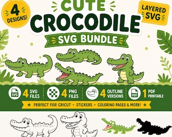Crocodile SVG Bundle, Cute Alligator Clipart, Crocodile Coloring Pages, Kawaii Reptile PNG, Layered Animal SVG, Cricut Cut File Set