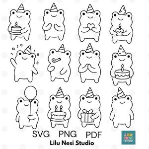 Puede incluir: Ilustración en blanco y negro de doce ranas de dibujos animados con gorros de fiesta. Las ranas sostienen un pastel, un corazón, un globo, un regalo y un silbato. La imagen incluye el texto "SVG PNG PDF" y "Lilu Nesi Studio".