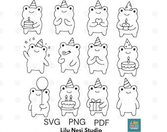 かわいいバースデーカエル SVG PNG PDF – 12種類のかわいい線画