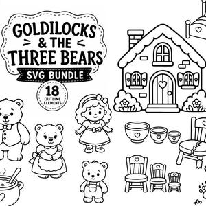 Puede incluir: Un paquete gráfico digital en blanco y negro titulado Goldilocks & The Three Bears SVG Bundle que incluye 18 elementos de contorno, como una cabaña, tres osos, una niña, tres cuencos, tres sillas, una silla rota y una cama con figura.
