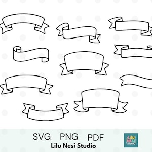 Op de afbeelding: Een verzameling van negen zwart-witte lintontwerpen in verschillende vormen. De afbeelding bevat de tekst "SVG PNG PDF" en "Lilu Nesi Studio". Deze vectorafbeeldingen zijn geschikt voor digitale ontwerpprojecten.