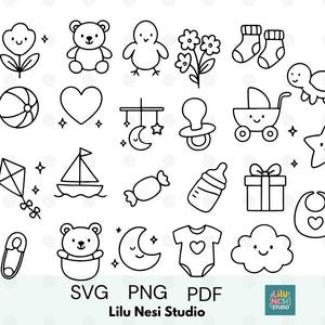 Op de afbeelding: Een verzameling zwart-wit illustraties met babymotieven, waaronder een bloem, teddybeer, vogel, bloemen, sokken, schildpad, bal, hart, mobiel, fopspeen, kinderwagen, ster, vlieger, zeilboot, snoep, fles, cadeau, slabbetje, veiligheidsspeld, beer in een kom, maan, romper en wolk. De afbeelding bevat ook de tekst "SVG PNG PDF" en "Lilu Nesi Studio".