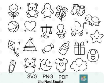 23 Clipart Doodle de baby shower | Ensemble PNG SVG noir et blanc | Dessin au trait mignon bébé pour faire-parts, autocollants, sexe révélateur, travaux manuels