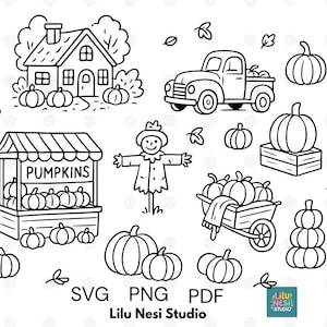 May include: Black and white line art illustration featuring autumn-themed elements. Includes a house, pumpkins, a truck, a scarecrow, a pumpkin stand with the word "PUMPKINS", and a wheelbarrow. Also includes the text "SVG PNG PDF" and "Lilu Nesi Studio".