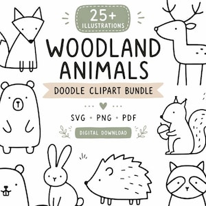 Könnte beinhalten: Eine digitale Sammlung von schwarz-weißen Strichzeichnungen mit Waldtieren wie Fuchs, Hirsch, Bär, Eichhörnchen, Hase, Igel und Waschbär. Der Text lautet 25+ ILLUSTRATIONS WOODLAND ANIMALS DOODLE CLIPART BUNDLE SVG PNG PDF.