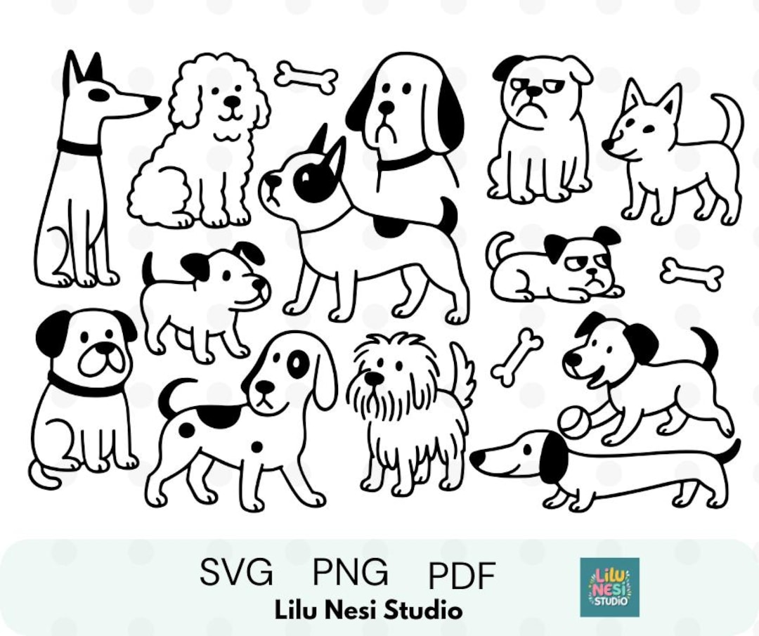 Dogs SVG PNG Set | Cute Dog Clipart | Black and White Line Art | Pet ...